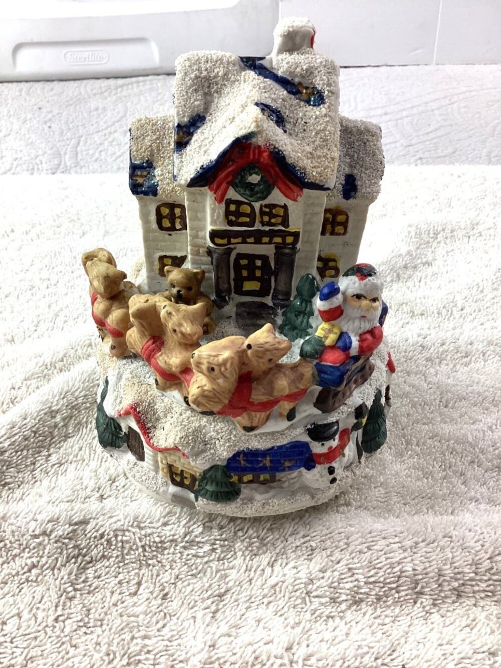Christmas Village House Music Box*Santa & Sleigh Figurine Glitter* 7" *Ceramic
